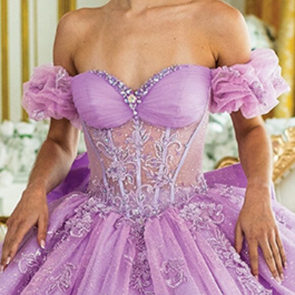 New Off Shoulder Ball Gown w/ Floral Lace Embroidery & Layered Skirt DQ 1985 - Picture 8 of 9